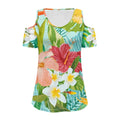 New Arrivals Hot Selling Hawaiian Floral Pattern Customised Womens Short Sleeve Cold Shoulder Basic Tee Tops Shirts for Leggings