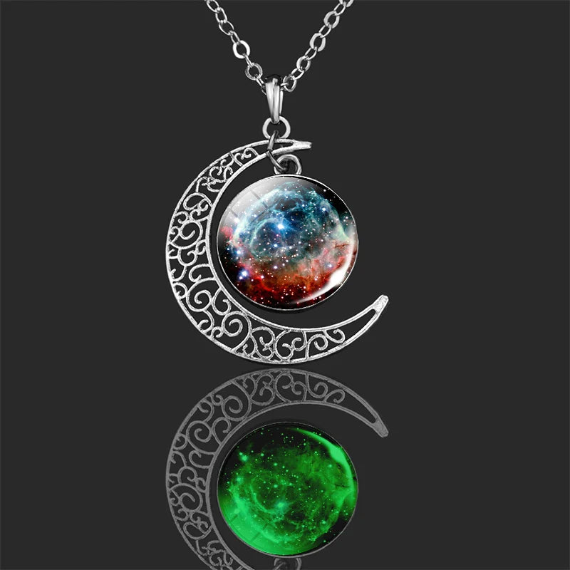 Luminous Jewelry Nebula Necklace Galaxy Glass Cabochon Pendant Outer Space Crescent Moon Necklace for Women