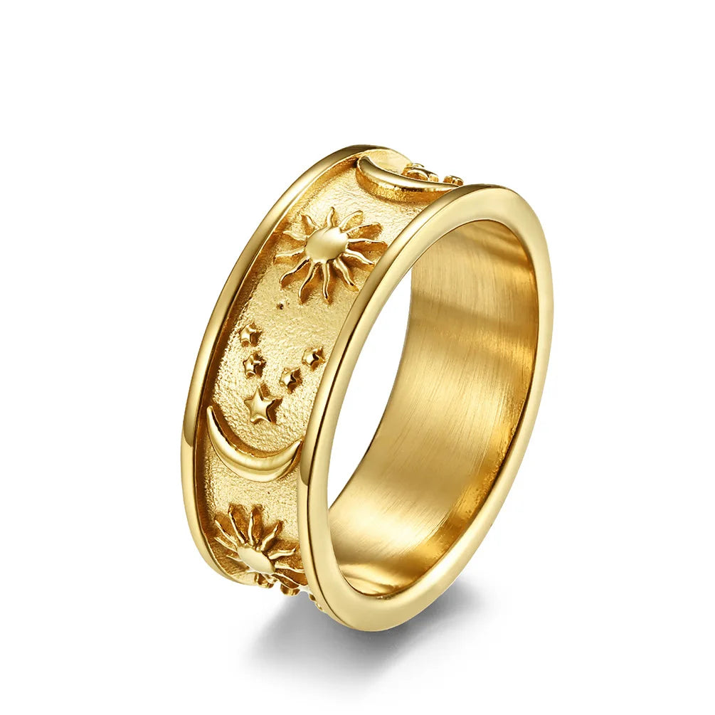 Classic Bohemian Style Women's Waterproof Stainless Steel Jewelry Moon Star Sun Ring