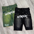US Free Tax Streetwear Custom Vintage Acid Wash Distressed Rhinestone Double Waist Denim Shorts Jorts for Men