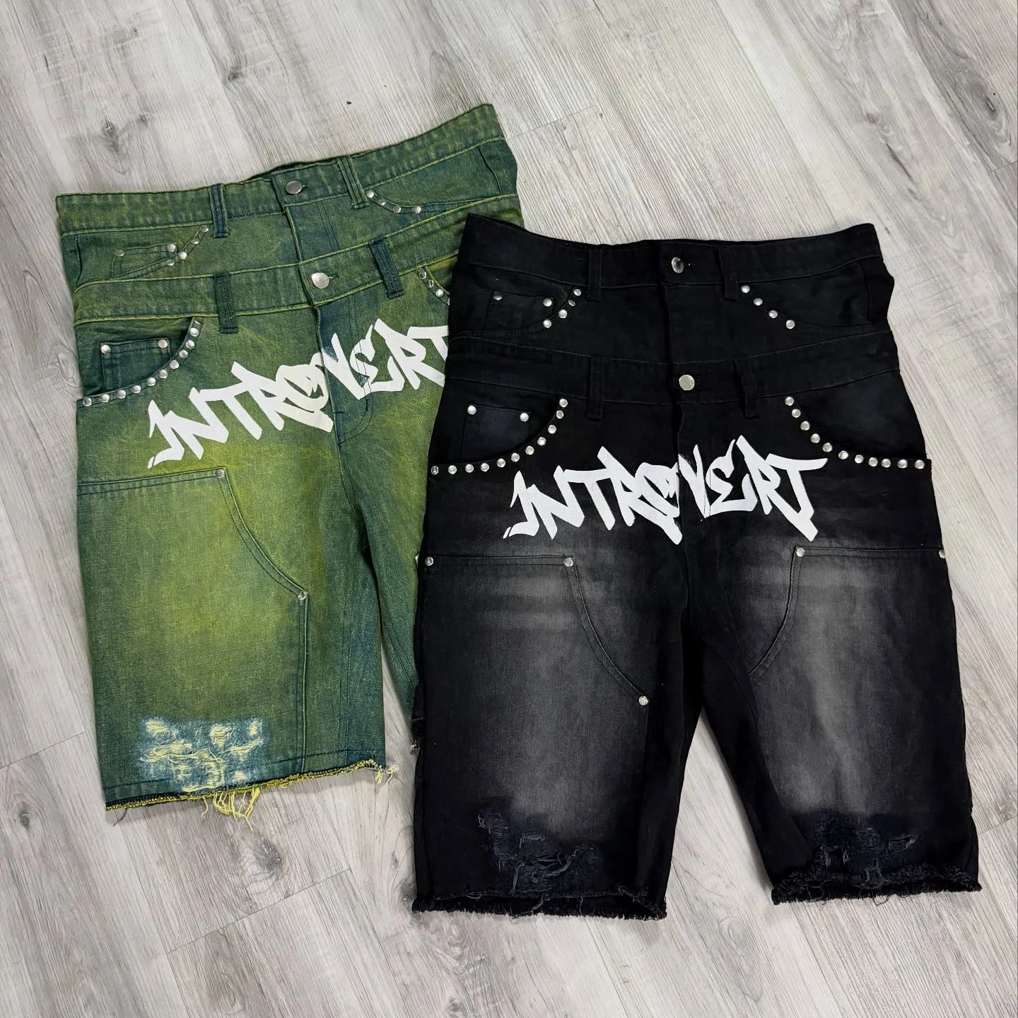 US Free Tax Streetwear Custom Vintage Acid Wash Distressed Rhinestone Double Waist Denim Shorts Jorts for Men