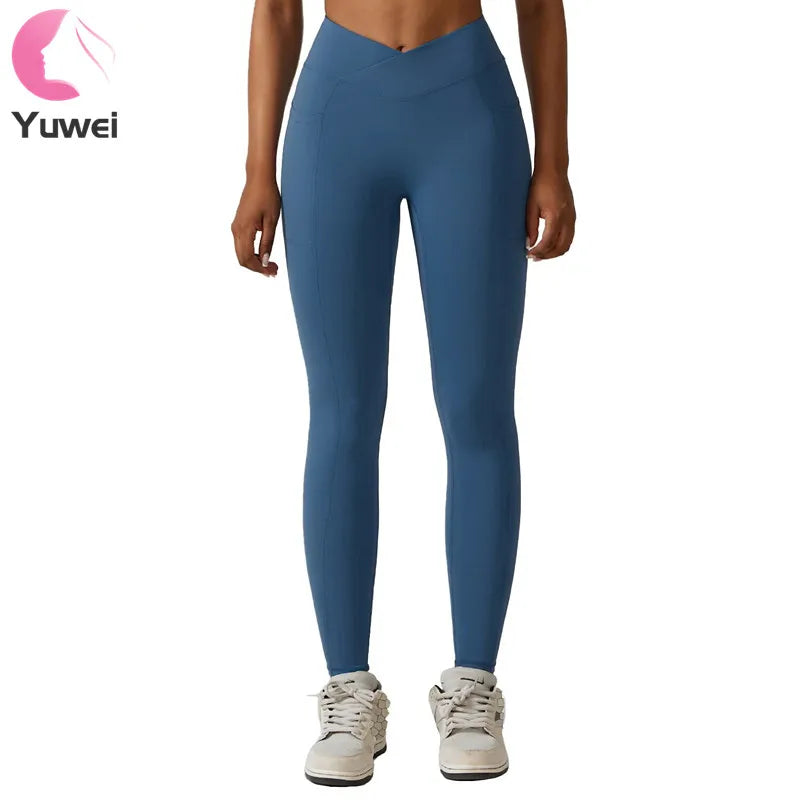 Women's High Waist Yoga Leggings Quick Dry Compression Running Tights with Pockets Solid Workout Pants