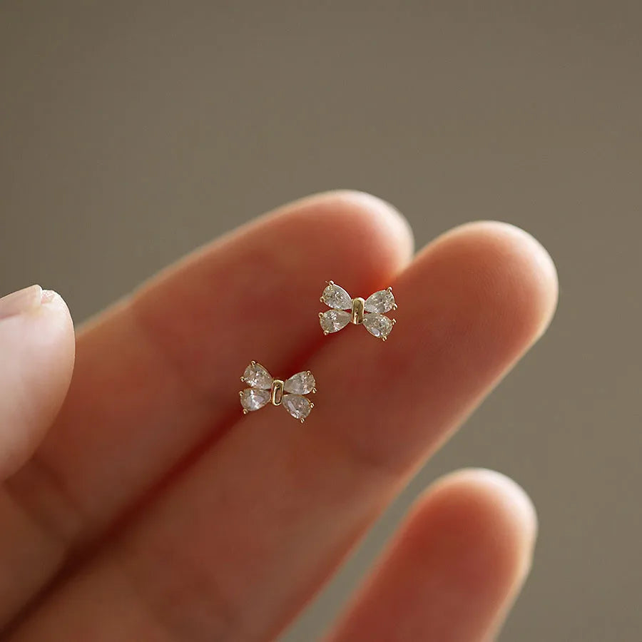 Cute Mini Pure 925 Sterling Silver Shiny Zircon Crystal Bow Tie Shaped Stud Earrings for Women Girls