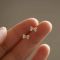 Cute Mini Pure 925 Sterling Silver Shiny Zircon Crystal Bow Tie Shaped Stud Earrings for Women Girls