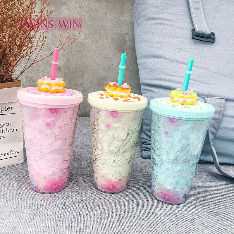 Summer New Donut Cake Double Ice Cup Korean Straw Plastic Crystal Water Bottle CUP