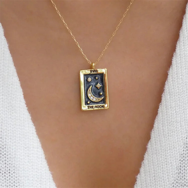Hot Sale Simple Fashion Oil Dripping Square 18k Gold Plated Star Moon Sun Tarot Card Pendant Necklace