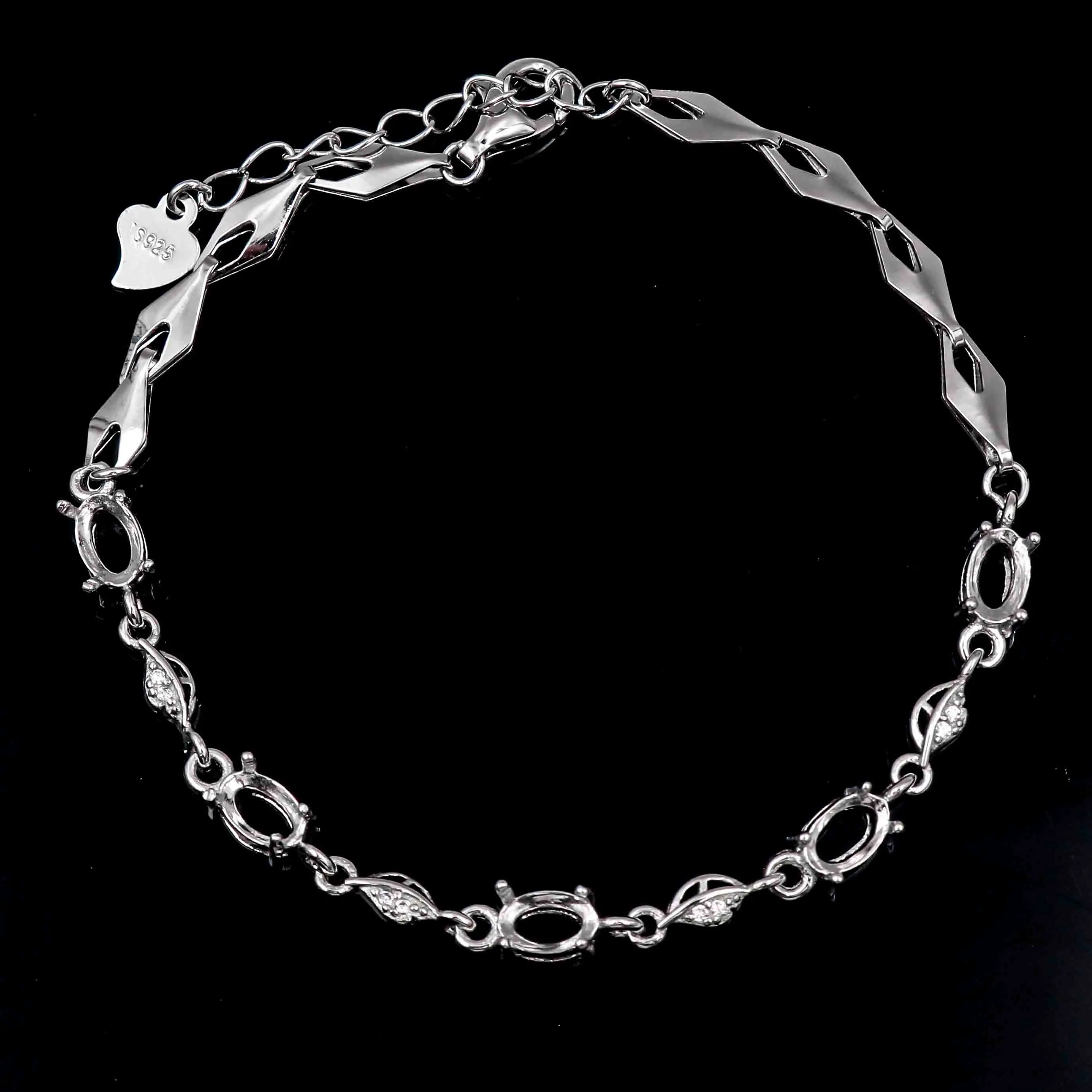 Sterling Silver 4*6mm Semi Mount Bracelet Empty Support Blank Claws Setting S925 Base Holder Without Center Stone Inlay for DIY