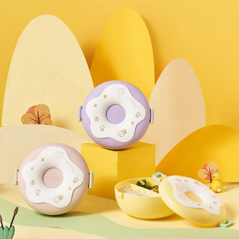 Kawaii Donut Girls Lunch Bowls Cute Cartoon Plastic Microwaves Safe School Enfant Kids Lunch Box with Spoon Fork