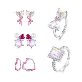 S925 Sterling Silver Plating Fashion Versatile Girl Heart Ring Earrings Jewelry Set