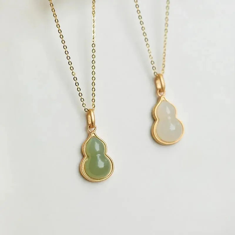 Chinese Style Round 18K Gold Plated Necklace Lucky Hulu Fulu Natural Jade Fengshui Lucky Pendant Necklace for Women