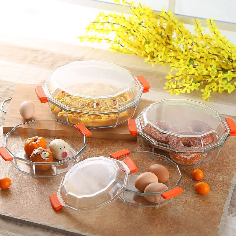 Hxglass Bakeware Microwave Oven Use Double Ear Hexagon Tempered Salad Bowl with Lid Heat Resistant Glass Roasting Pan 1L 1.5L 2L