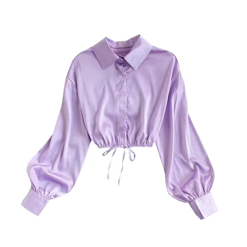 Fashion Women New Temperament Fashion Women's Satin Shirt Bow Tie Lace Lapel D Lantern Sleeve Slim Short Top Long Sleeve Casual