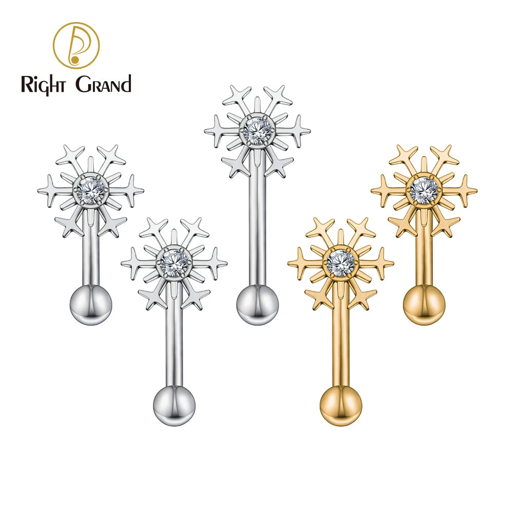 Right Grand ASTM F136 Titanium 16G Snowflake Curved Barbell Rook Earring Internally Threaded Rook Piercing Eyebrow Jewelry