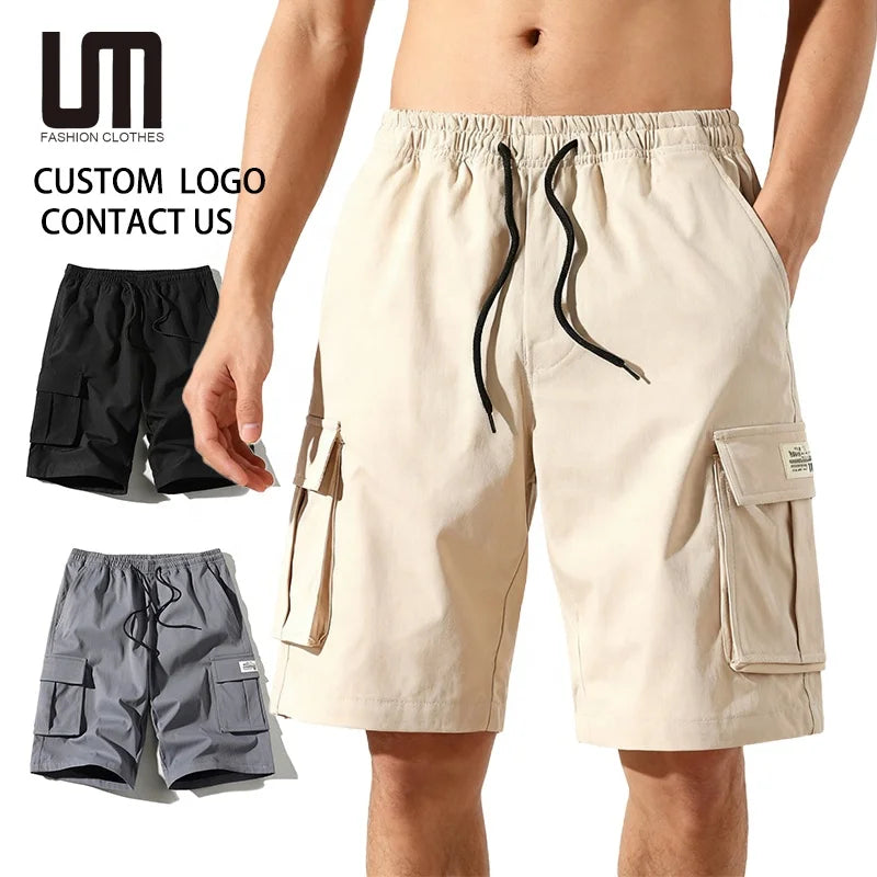 Custom Your Brand Logo Men Casual Hip Hop Joggers Cargo Pants Summer Shorts with Multi-Pocket Solid Pattern 100% Polyester