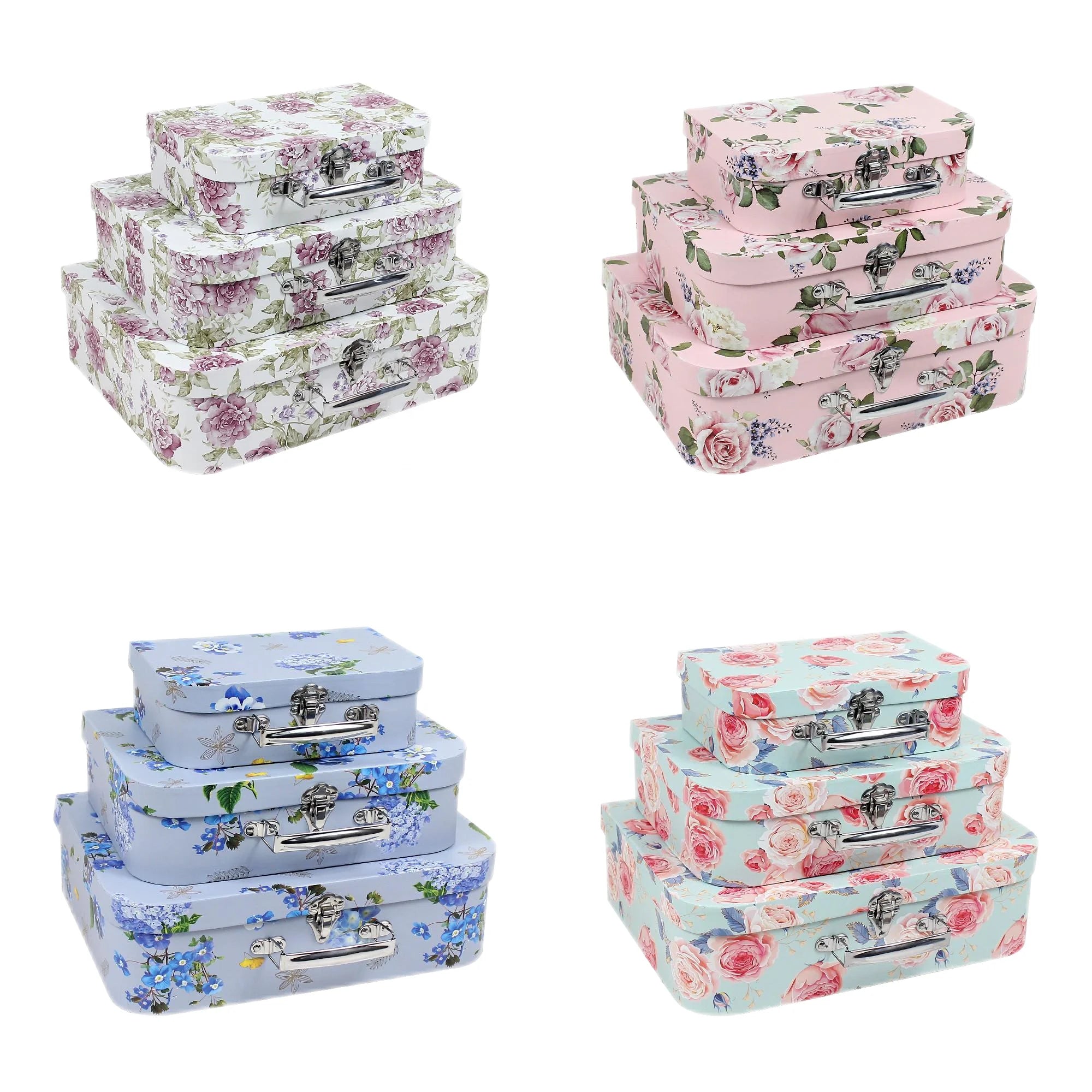 Stock WholesaleCardboard Suitcase Flower Box Set With Handle 3 Piece Set Cardboard Suitcase Gift Box With Printed Flowers