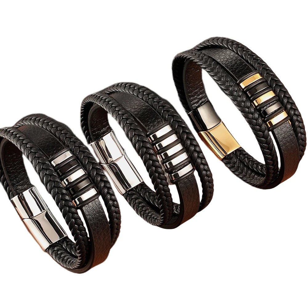 G1412 Whole Sale Men's Leather Hand Jewelry 3 Layers Leather Stainless Steel Bracelets Magnetic Clasp Bracelet
