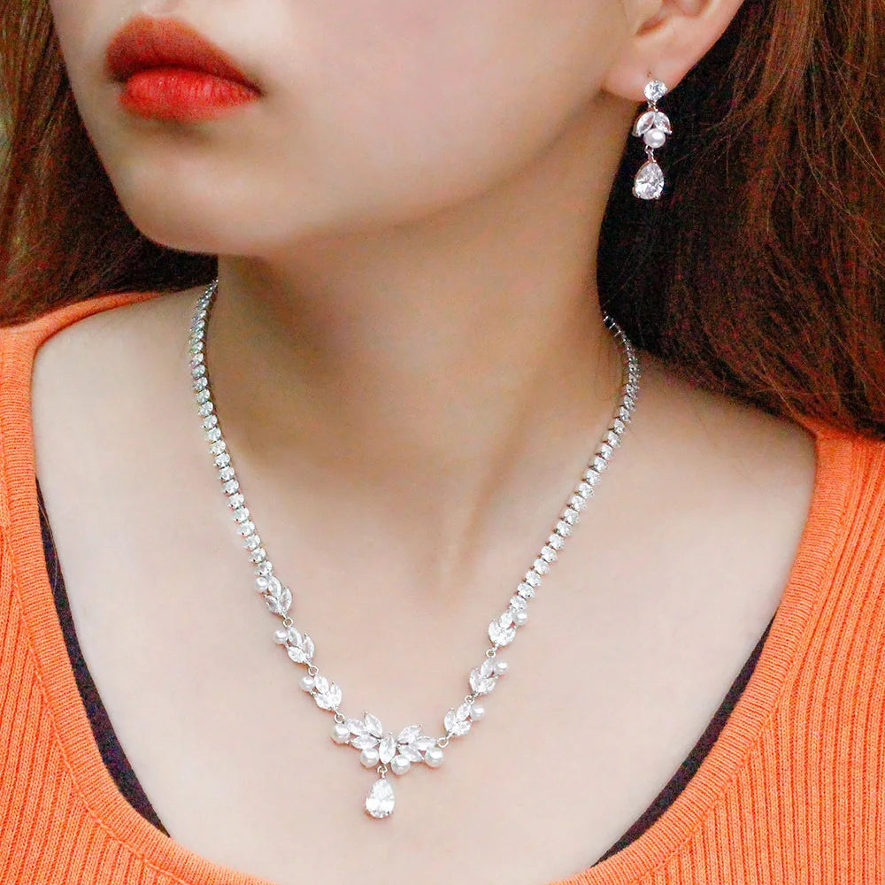 Pearl & Zircon Necklace and Earring Set 10K Gold Plated Wedding & Party Jewelry Light Luxury Women's Accessories