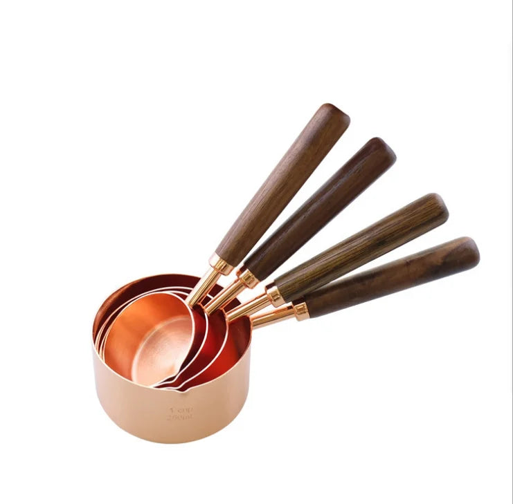 4-Piece Stainless Steel Gold Rose Liquid Measuring Cups and Spoon Set with Wooden Handle Eco-Friendly Home Kitchen Tool