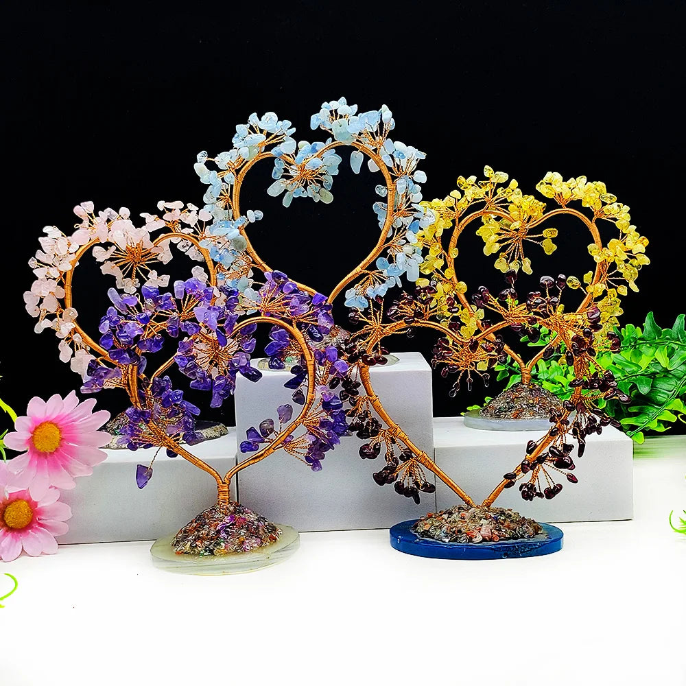 Natural Agate Base Heart Shaped Crystal Jewelry Trees Quartz Energy Gem Gravel Stone Tree