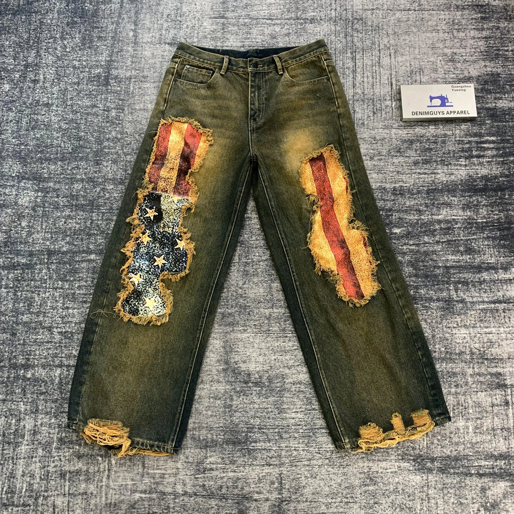 DENIMGUYS Custom Hand Made Men's Luxury Digital Printing Patch Denim Pants Jeans Customization Applique Distressing  Jeans Men