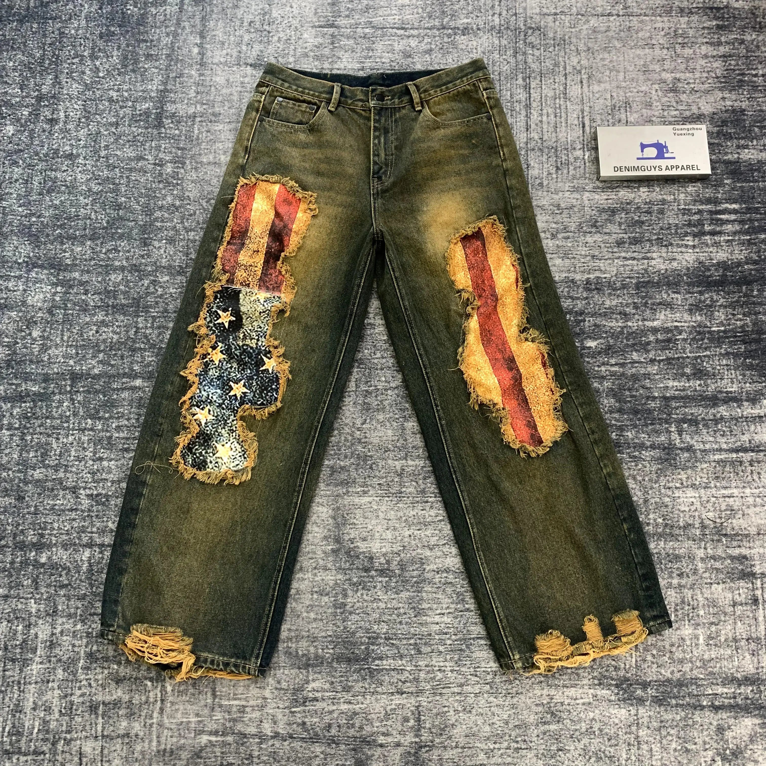DENIMGUYS Custom Hand Made Men's Luxury Digital Printing Patch Denim Pants Jeans Customization Applique Distressing  Jeans Men
