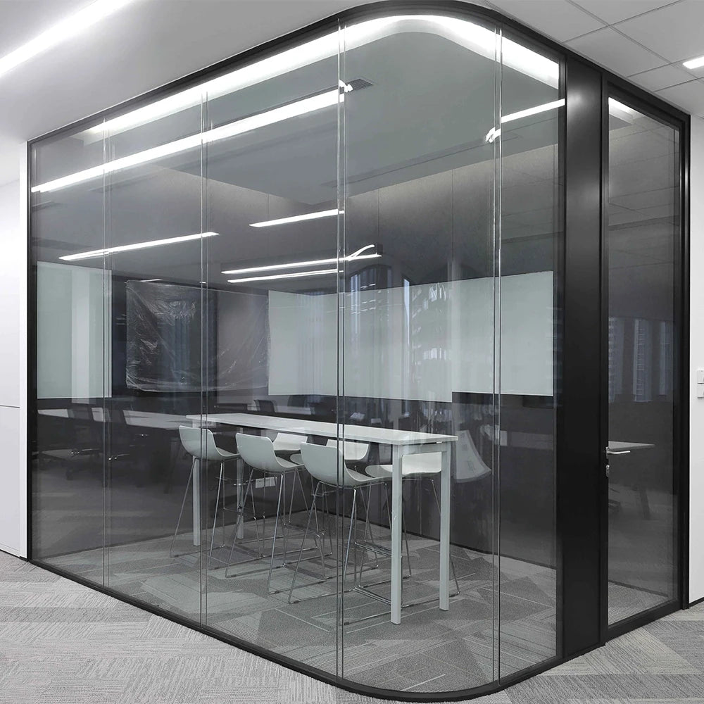 Clear Modern Glass Partition Wall Aluminum Frame Curved Double Glass Design for Office Home Office School Warehouse Use 10/12mm