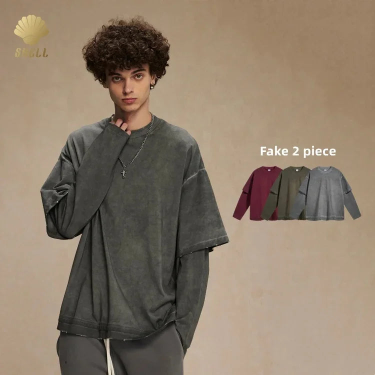 CNSHELL 305gsm Dirty Look Hem Double Faked 2 Piece Damaged Distort Cuff Edge Washed Vintage Oversized T-Shirt