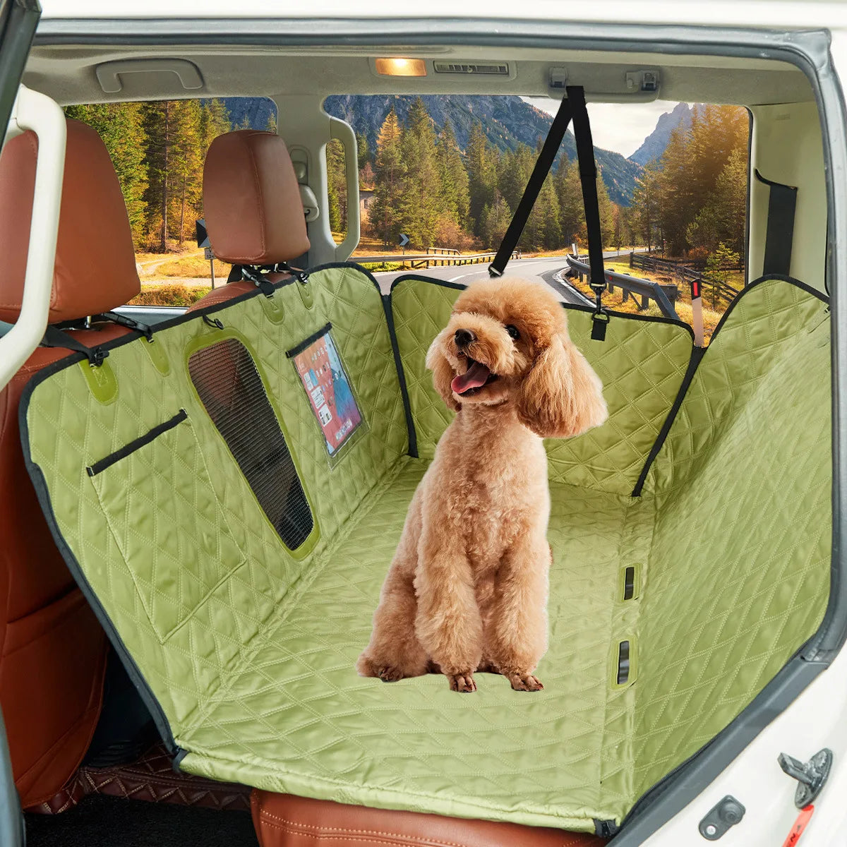 Waterproof Non-slip Anti-scratch Pet Dog Car Seat Cover for Back Seat With Mesh Window Side Flaps and Storage Pockets