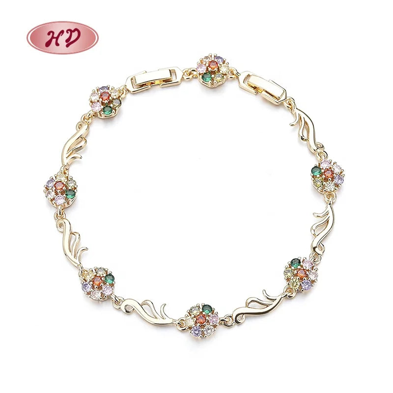 Colorful Diamond-Set Flower Pattern 18K Gold Plated Pop Women Custom Bracelet Charm Fashion Luxury Lady