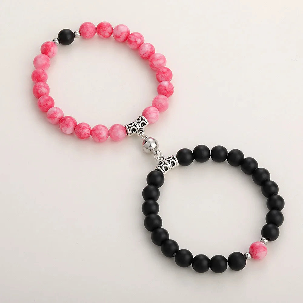 Adjustable Turquoise Heart Magnetic Beaded Bracelet Fashionable Trendy Natural Stone Quartz Alloy Material for Couples Lovers