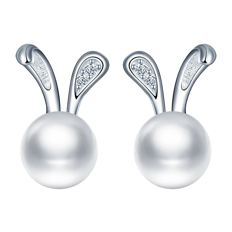 925 Silver Pearls Stud Earrings for Kids Rabbit Jewelry for Children