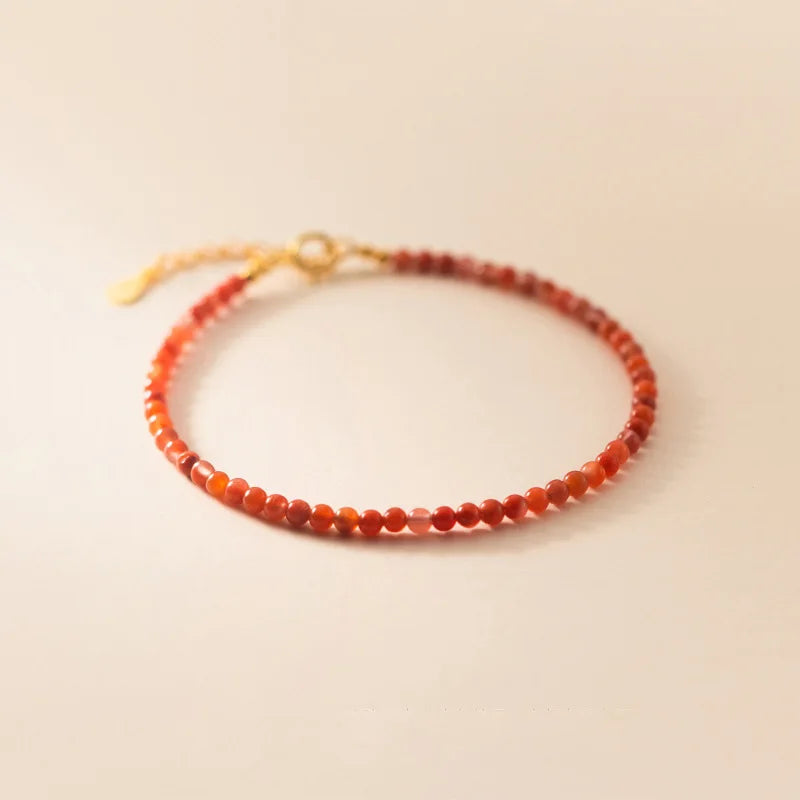 Mini Red Agate Beaded Adjustable Bracelet 925 Sterling Silver 3.5mm Red Natural Stone Bracelet for Women