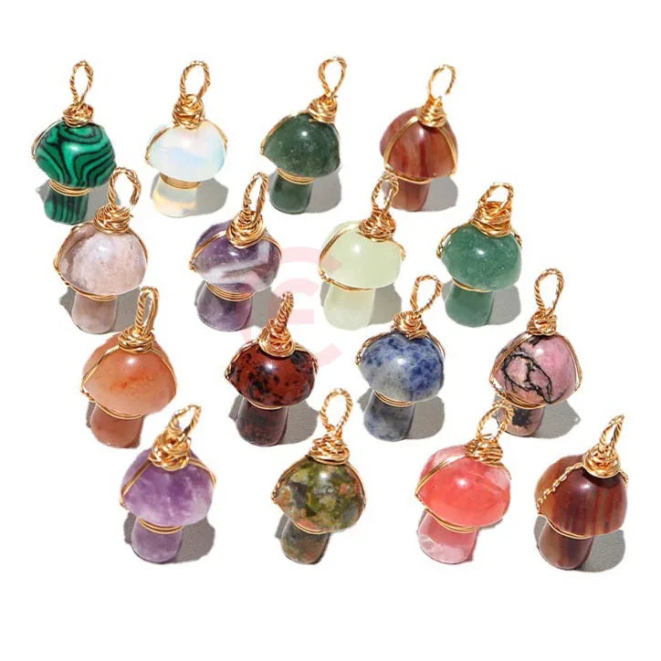 Natural Stone Winding Mushroom Pendant Necklace for Women and Men Crystal Rose Quartz Pendant Gemstone Jewelry
