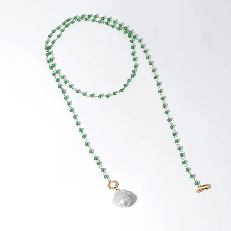Ethnic Style Beaded Necklace Green Agate Baroque Pearl Necklace Elegant Multi-layered Long Necklace
