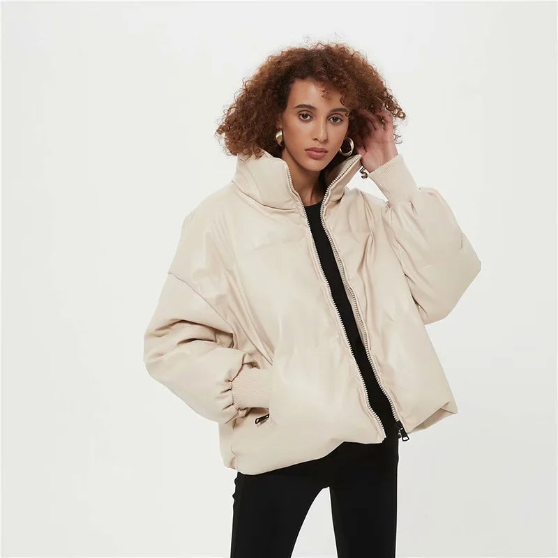 2021 Winter Thick Warm Parkas Women-Elegant Fashion PU Leather Coat Zipper Cotton Jackets Female Ladies Outwear