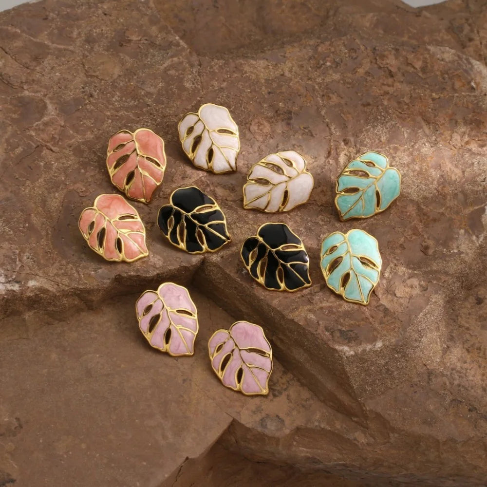Trendy 18K Gold Plated Stainless Steel Leaf Stud Earrings for Women Geometric Oil Drop Colour Enamels Fashion Wholesale Jewelry