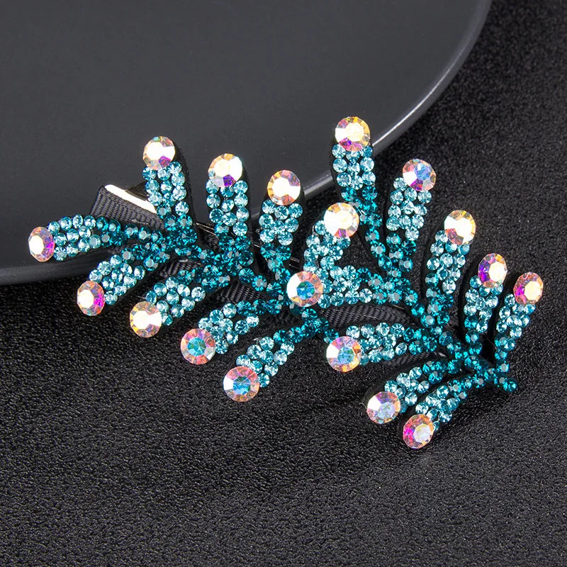 HX-251 Korea Style Cute Crystal Leaf Hairpin Colorful Rhinestone Banana Clip Elegant Duckbill Hair Clip for Ladies
