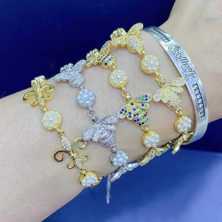 BC1487  Crystal CZ Diamond Zircon Cubic Zirconia and Pearl Pave Bee Link Chain Bracelets  for Women