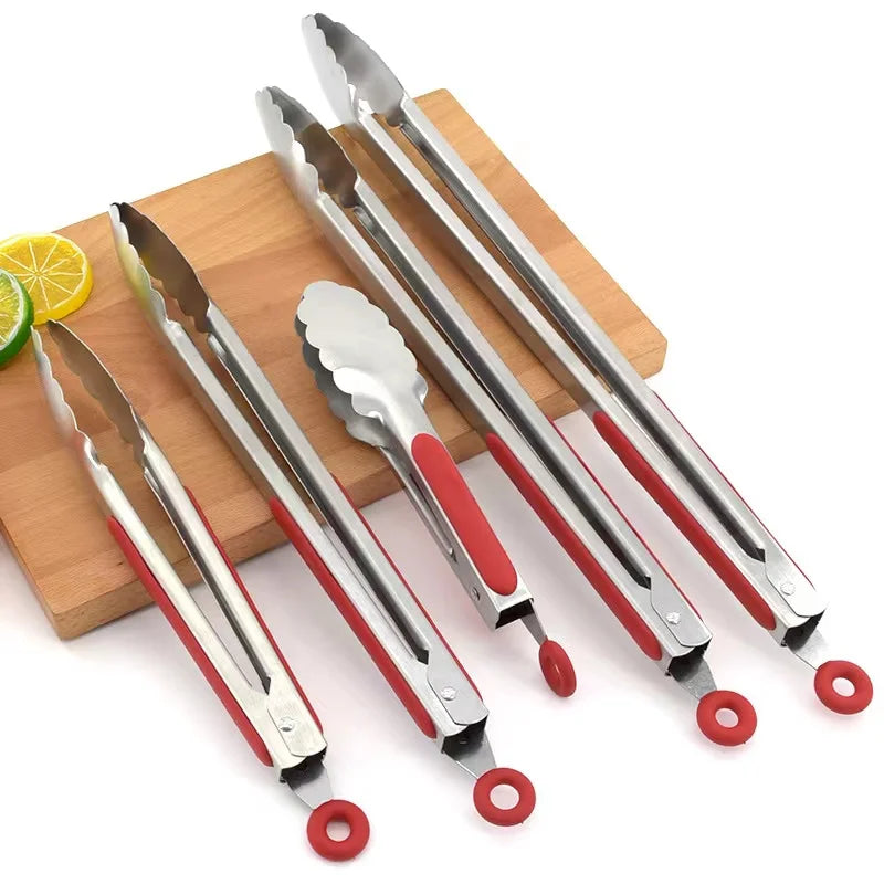 Silicone Food Tongs with Stainless Steel BBQ Baking Tool Kitchen Gadgets for Salad Serving Grill Cooking Buffet Utensils