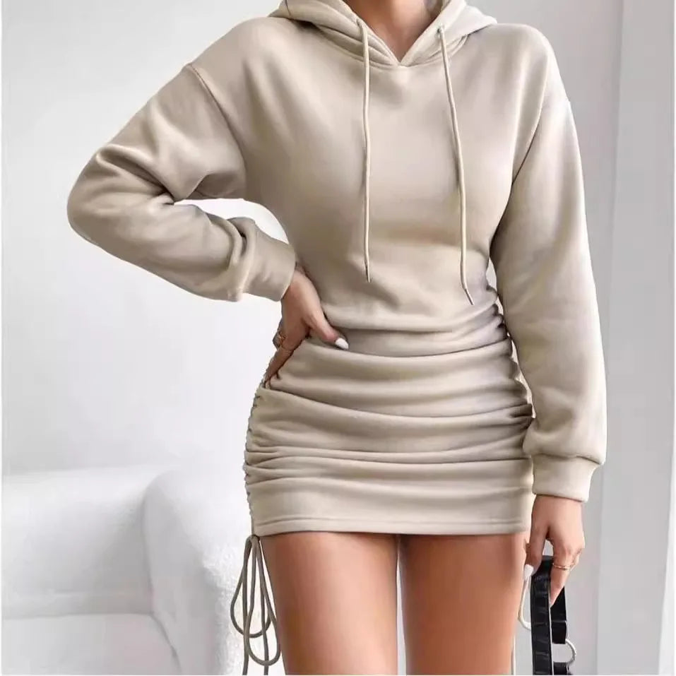 Latest Design Casual Hoodie Dresses Women Lady Drawstring Design Hooded Hip Long Sleeve Hoodie Dress Woman