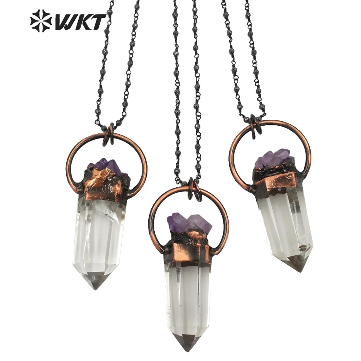 WT-N1263 Women Antique Copper Plated Crystal Quartz with Amethyst Necklace Boho Vintage Natural Quartz Point Necklace