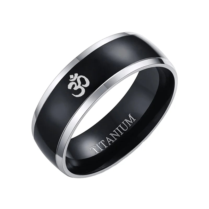 POYA Wholesale 8mm AUM OM Black Ring Finger Ring for Men Black Titanium Mens Ring Wedding Band