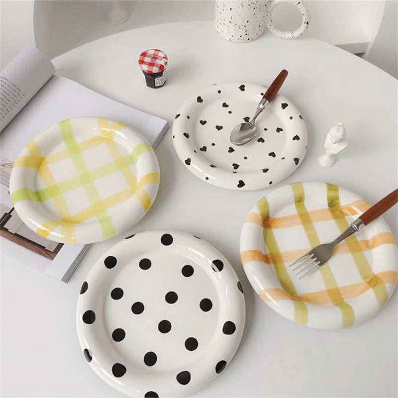 Solhui INS Hand-Painted Macaron Plaid Chubby Plate Girl Heart Color Dessert Plate Cute Plate