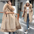 PASUXI 2025 Winter New Women's Cotton Clothes in the Long Hair Collar and Velvet Cotton Jacket Down Cotton Jacket Warm Jacket