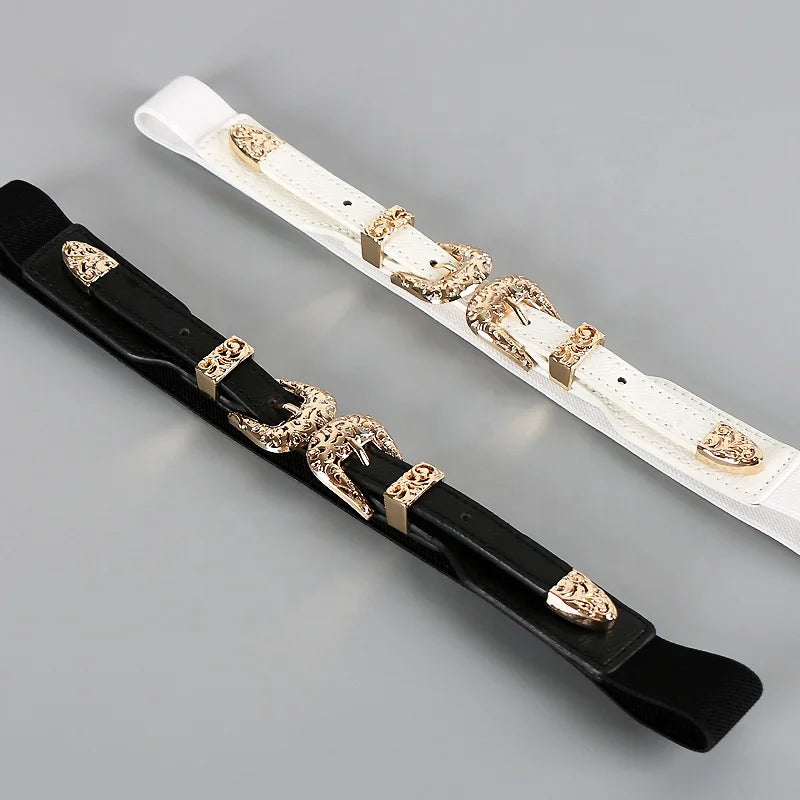 Women's Vintage Style Accessory Belt with Fashionable Alloy Carved Buckle Head Elastic Waistband