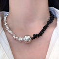Maiou Designer Trendy Asymmetrical Black and Silver Patchwork Beaded Necklace for Women Handmade Jewelry
