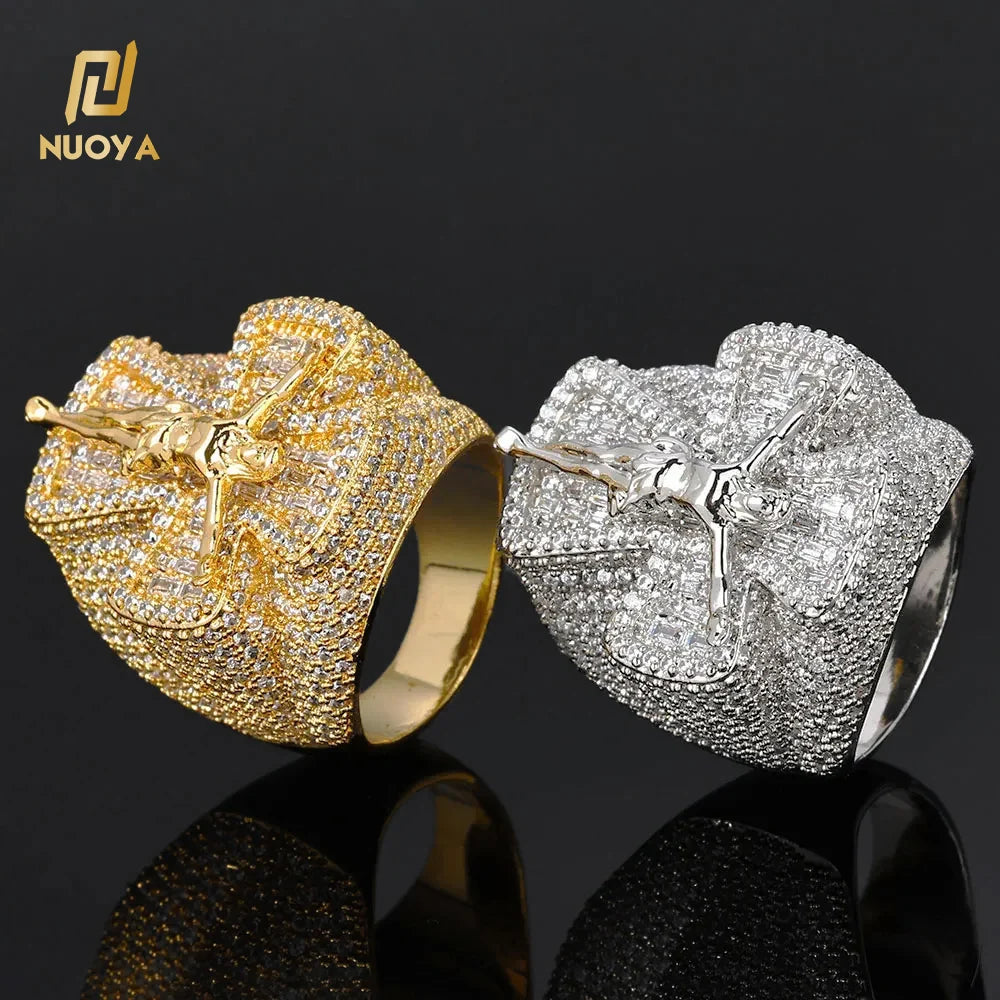 NUOYA Jewelry Hip Hop Iced Out Diamond Ring for Men Women Bling CZ Stone White Gold Plated Jesus Cross Ring Trendy Jewelry