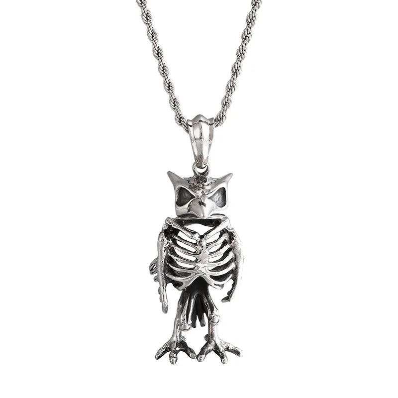 Retro Stainless Steel Skeleton Owl Pendant Animal Necklace Jewelry