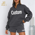 Custom Women Hoodie Logo Cotton Quarter Zip Pullover Oversized Half Zip Pullover Sweatshirt Shorts 2 Piece Set