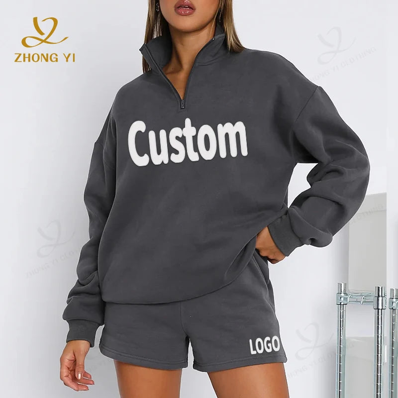Custom Women Hoodie Logo Cotton Quarter Zip Pullover Oversized Half Zip Pullover Sweatshirt Shorts 2 Piece Set